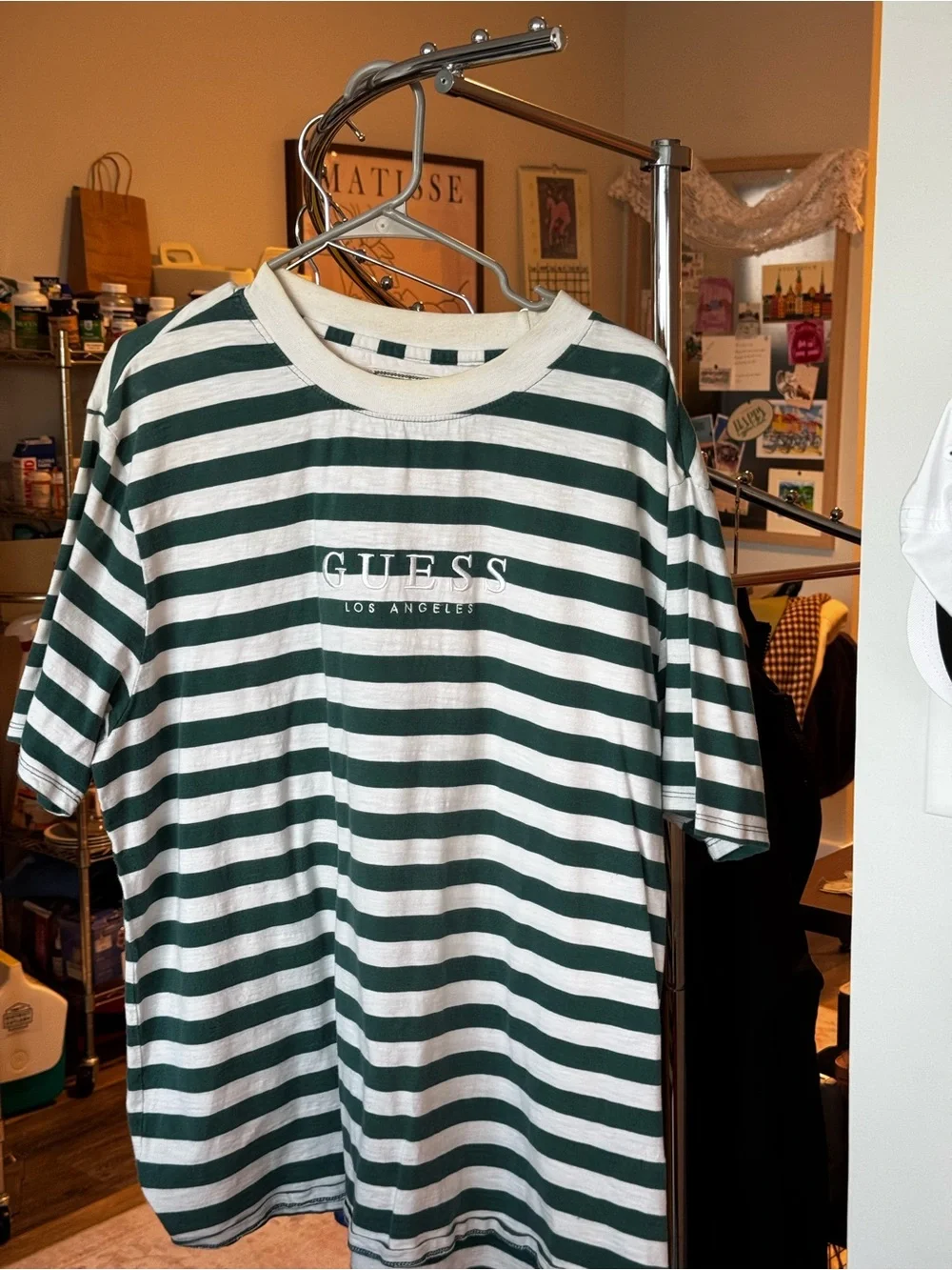 Vintage Guess Men’s Green & White Striped Short Sleeve Tee - Picture 2 of 5